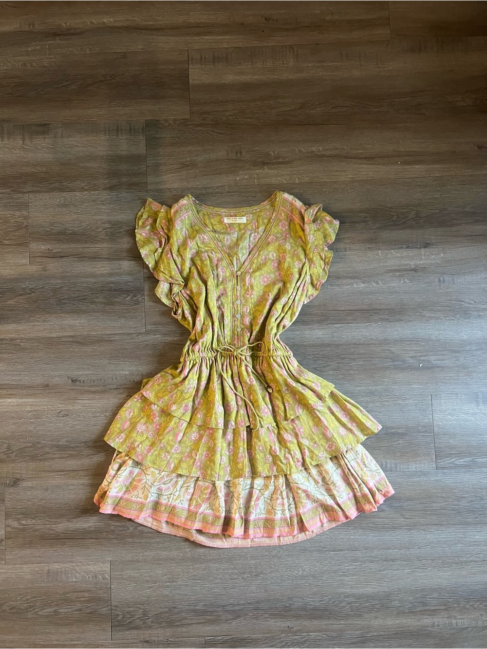 Spell and The Gypsy Floral Tiered Tie-Waist Dress in Green and Pink
